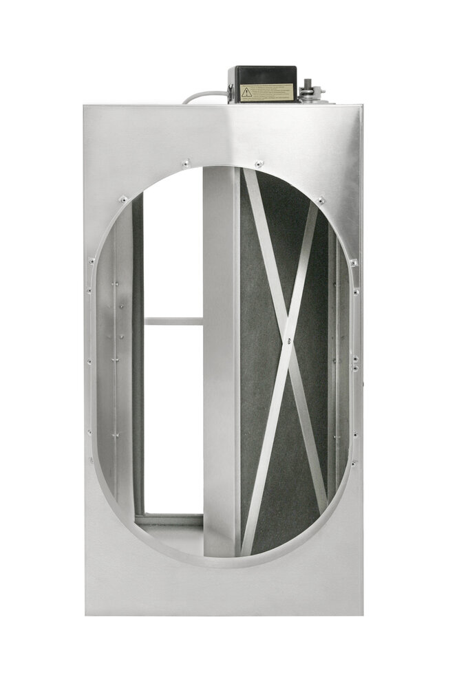 R-13 Cold Climate Motorized Damper — top view, showing duct opening with X-pattern insulated gasket inside.