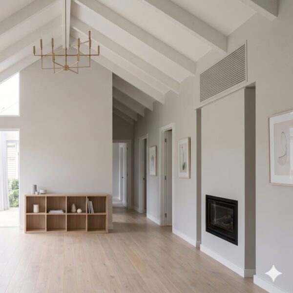 Whole house fan grille wall-mounted high on a vaulted living-room wall, the finished look.
